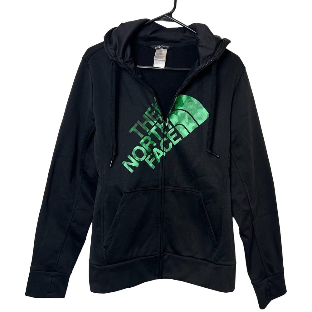 The North Face Women's Full Zip BLACK Hoodie Sweater w Green Logo Size Large